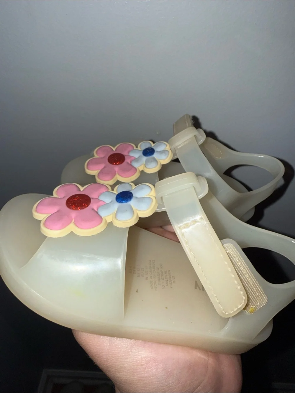 Old Navy Cream Girls' Jelly Mary Janes with Pink & Blue Flower Accents